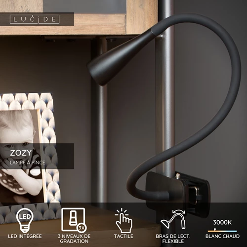 Lucide ZOZY - Lampe à pince - LED 3 StepDim - 1x4W 3000K - Noir - USP